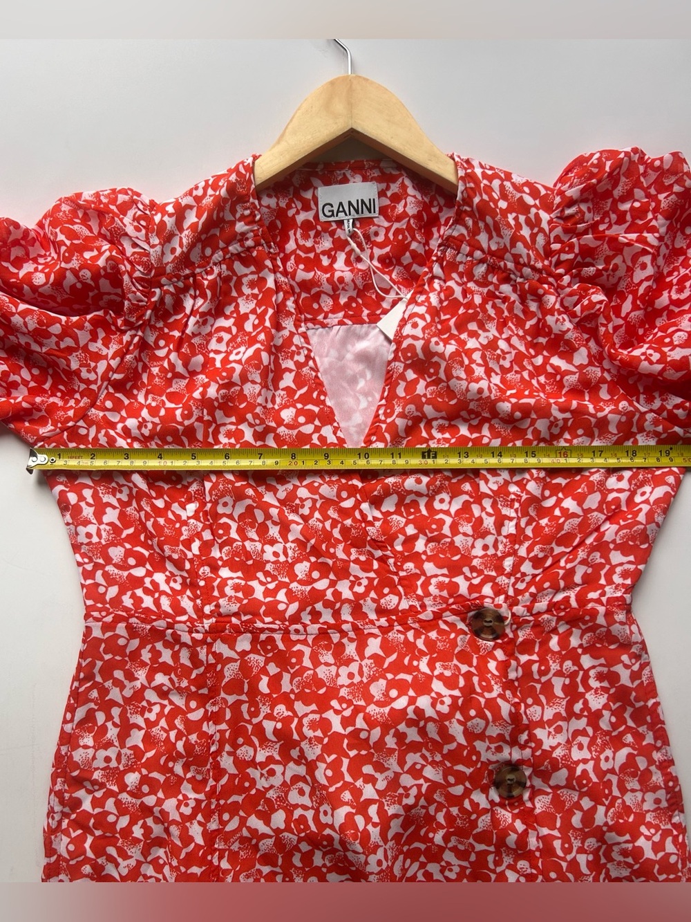 new Ganni Red White Floral Midi Dress Puff Sleeve Button Detail Size 40 - Picture 8 of 10
